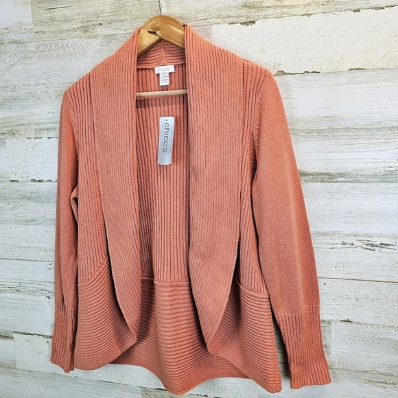 NWT Chico's Ribbed Cocoon Cardigan Agra Red Sz Large Coral Casual Cotton Preppy - Picture 3 of 16